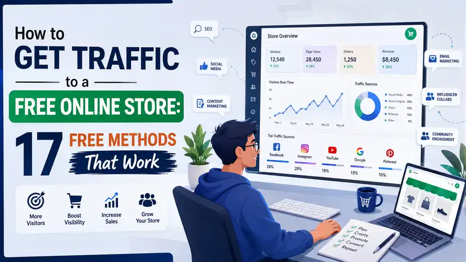 An informative illustration about How to Get Traffic to a Free Online Store: 17 Free Methods That Work