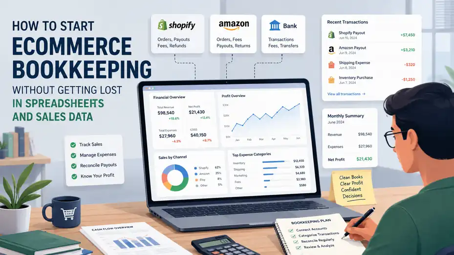 An informative illustration about How to Start Ecommerce Bookkeeping Without Getting Lost in Spreadsheets and Sales Data