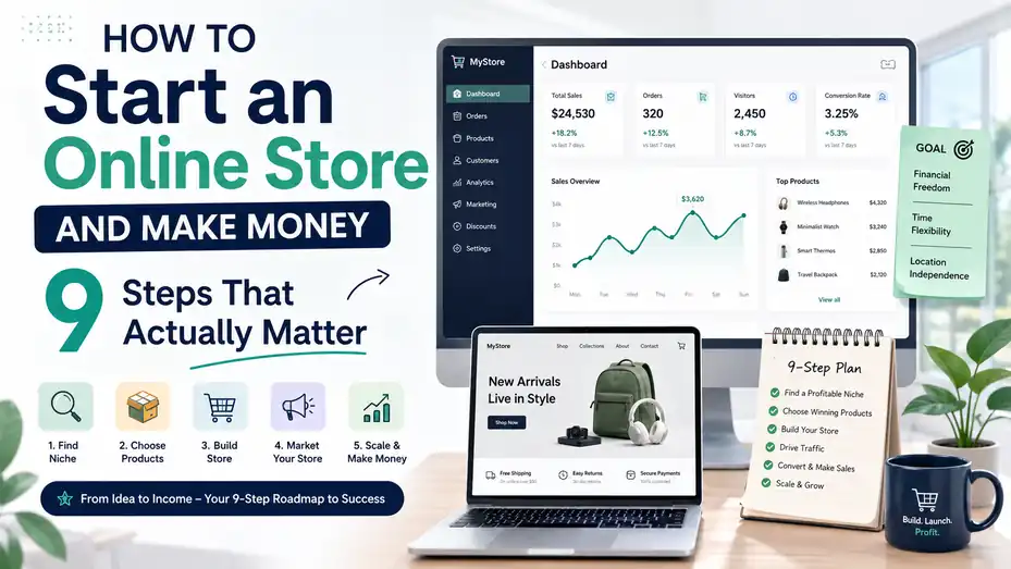 An informative illustration about How to Start an Online Store and Make Money: 9 Steps That Actually Matter