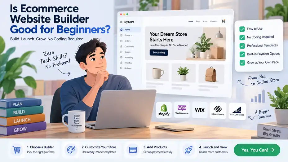 An informative illustration about Is Ecommerce Website Builder Good for Beginners With Zero Tech Skills?