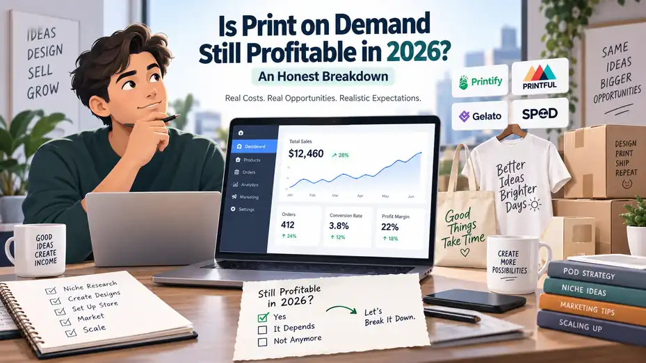 An informative illustration about Is Print on Demand Still Profitable in 2026? An Honest Breakdown