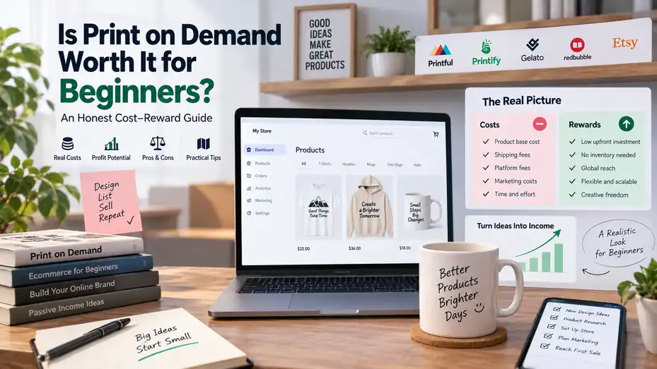 An informative illustration about Is Print on Demand Worth It for Beginners? An Honest Cost–Reward Guide