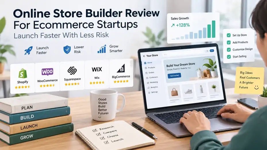 An informative illustration about Online Store Builder Review For Ecommerce Startups: Launch Faster With Less Risk