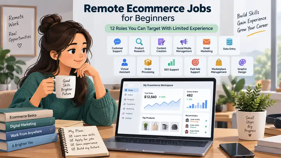 An informative illustration about Remote Ecommerce Jobs for Beginners: 12 Roles You Can Target With Limited Experience