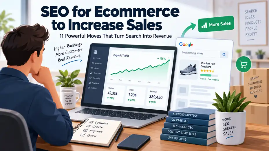 An informative illustration about SEO for Ecommerce to Increase Sales: 11 Powerful Moves That Turn Search Into Revenue