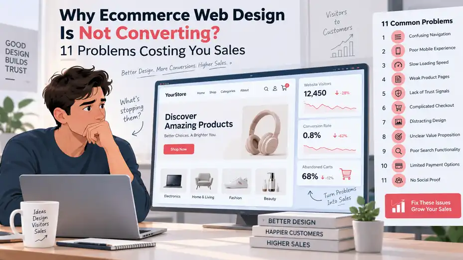 An informative illustration about Why Ecommerce Web Design Is Not Converting: 11 Problems Costing You Sales