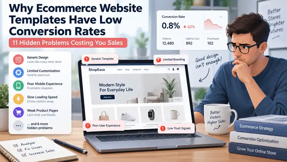An informative illustration about Why Ecommerce Website Templates Have Low Conversion Rates: 11 Hidden Problems Costing You Sales