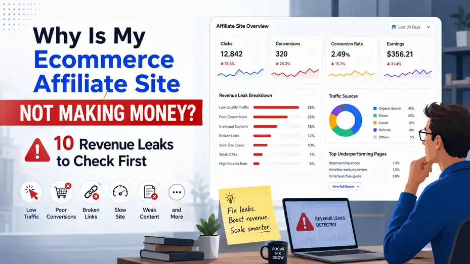 An informative illustration about Why Is My Ecommerce Affiliate Site Not Making Money? 10 Revenue Leaks to Check First