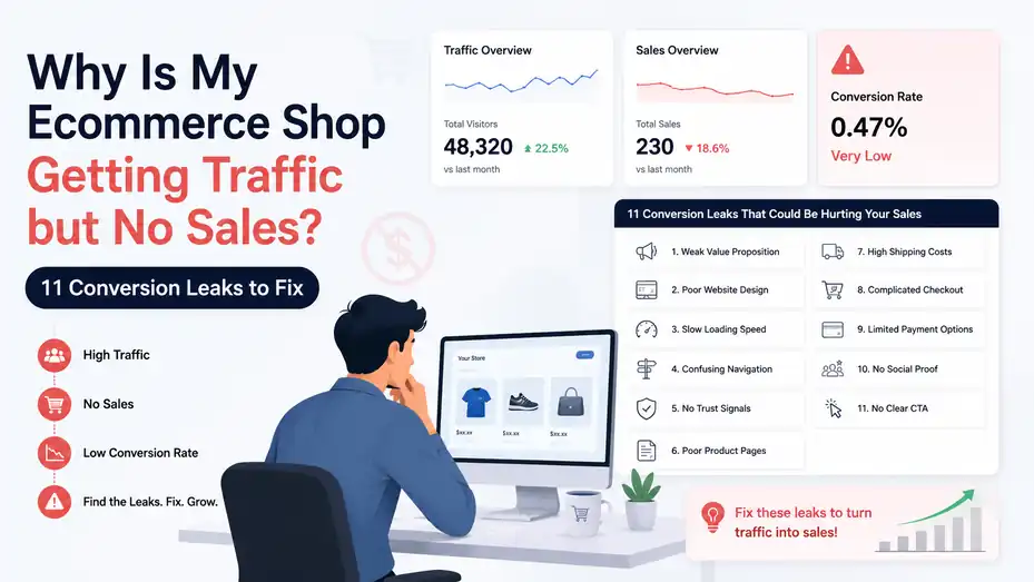 An informative illustration about Why Is My Ecommerce Shop Getting Traffic but No Sales? 11 Conversion Leaks to Fix