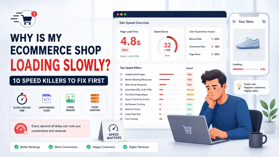 An informative illustration about Why Is My Ecommerce Shop Loading Slowly? 10 Speed Killers to Fix First