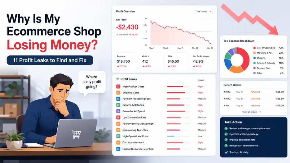 An informative illustration about Why Is My Ecommerce Shop Losing Money? 11 Profit Leaks to Find and Fix